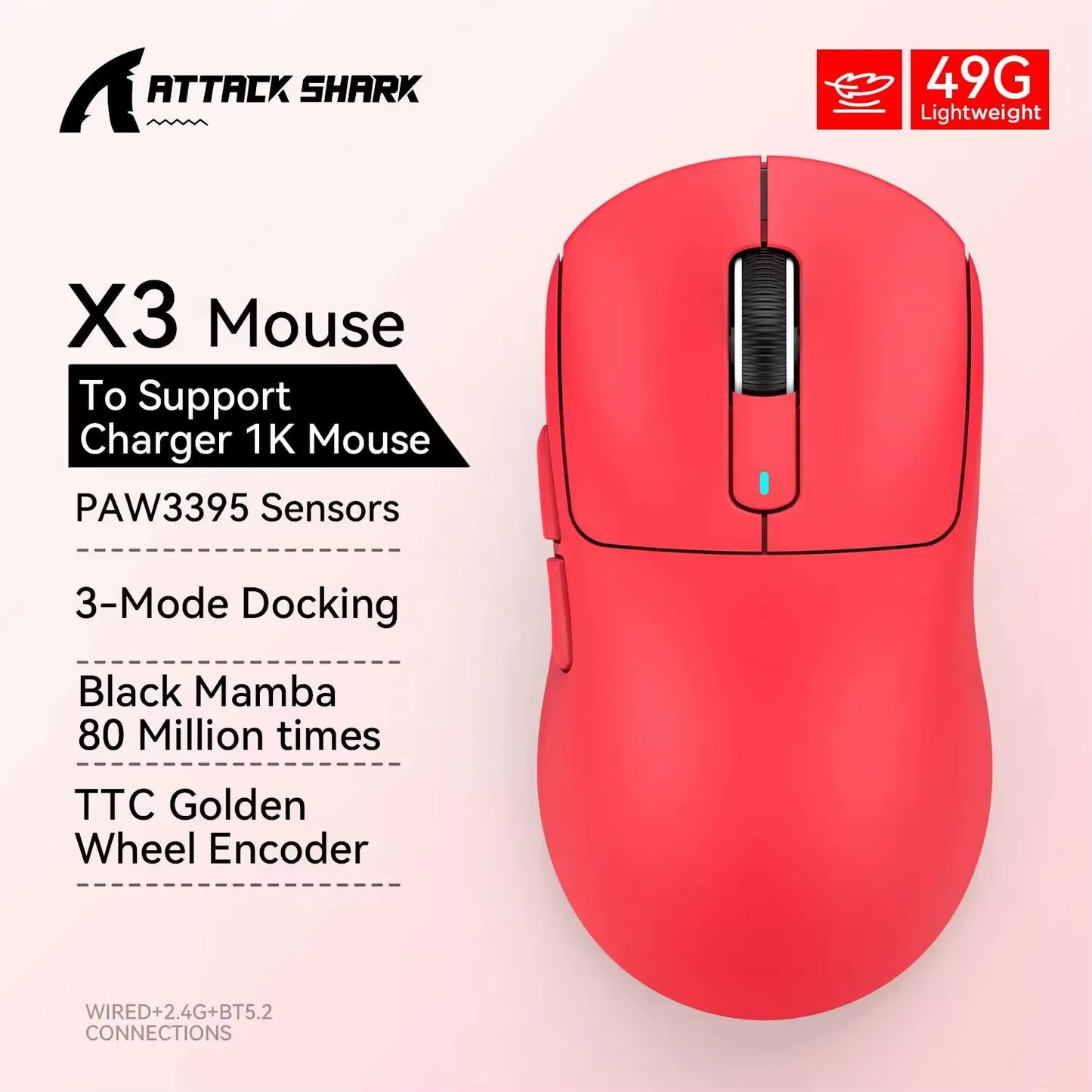 X3 Wireless Gaming Mouse Ultra-Lightweight 26K DPI PAW3395 Sensor