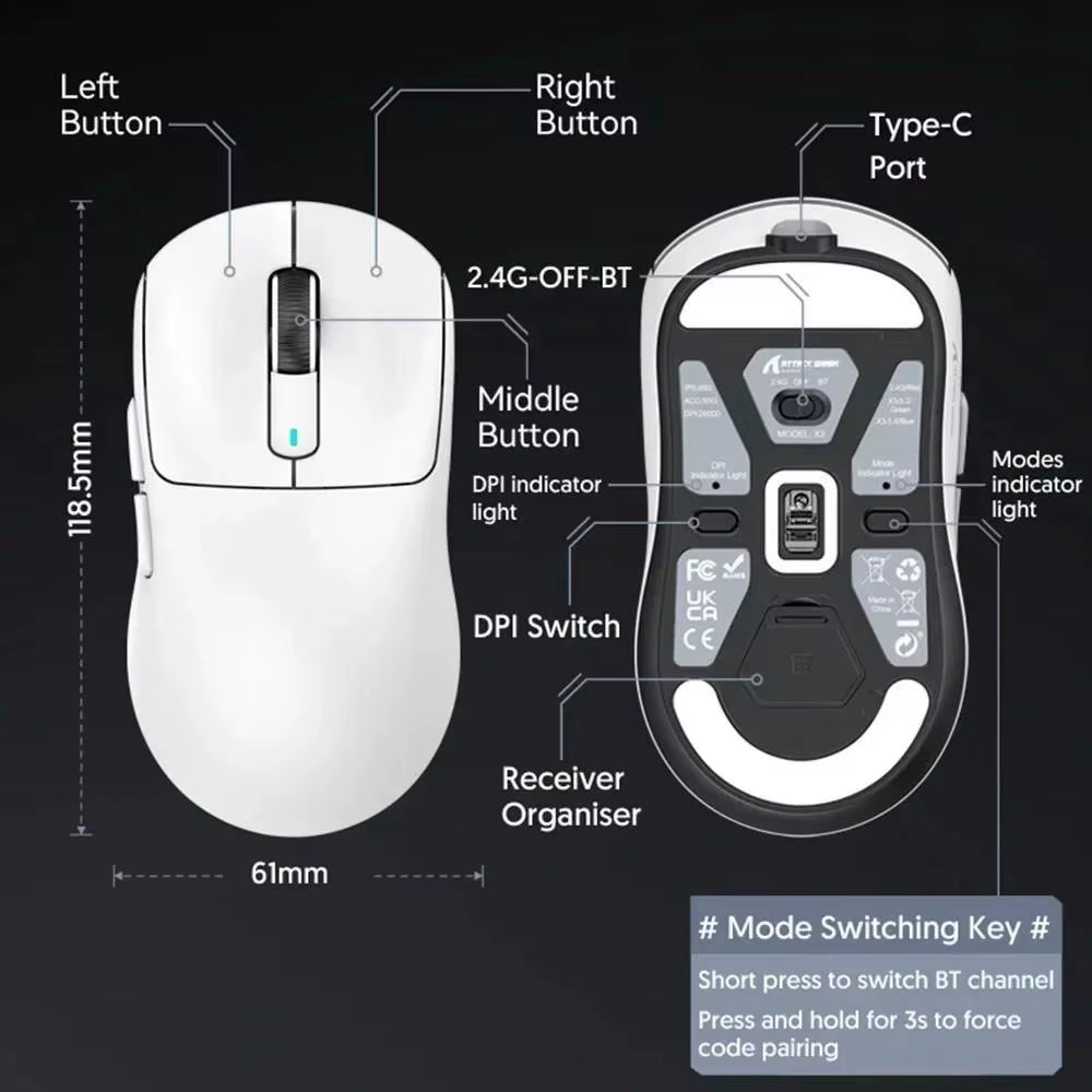 X3 Wireless Gaming Mouse Ultra-Lightweight 26K DPI PAW3395 Sensor